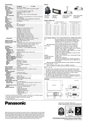 Page 6Model
Power supply
Power consumption
LCD panelPanel size
Display method
Drive method
Pixels
Pixel configuration
Lens
Lamp
Projection size
Colours
Brightness *
1
Centre-to-corner 
uniformity *1
Contrast ratio *1
Resolution (RGB)
Scanning frequency 
RGB
YP
BPR
S-Video/Video 
Optical axis shift *
3
Keystone correction range
On-screen menu
Installation
Built-in speakers
Terminals
COMPUTER 1 IN
COMPUTER 2 IN/COMPUTER 1 OUT
COMPONENT IN
VIDEO IN 
S-VIDEO IN 
AUDIO IN (COMPUTER 1) 
AUDIO IN (COMPUTER 2)
AUDIO...