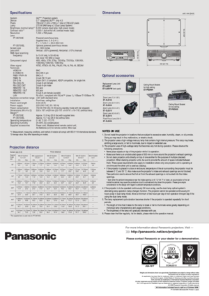 Page 6NOTES ON USE1. Do not install the projector in locations that are subject to excessive water, humidity, steam, or oily smoke. 
    Doing so may result in fire, malfunction, or electric shock.
2. The projector uses a high-voltage mercury lamp that contains high internal pressure. This lamp may break, 
    emitting a large sound, or fail to illuminate, due to impact or extended use.
3. The projector uses of high-wattage lamp that becomes very hot during operation. Please observe the 
    following...
