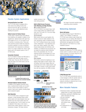 Page 3Flexible System Applications
Horizontal/Vertical Lens Shift
The PT-D7700U series is equipped with a
motor-driven lens shifting function that 
moves the lens left, right, up, and down. It
gives you easy, accurate adjustment when
installing the projector.
Optical Lenses for Various Venues
A wide range of optional lenses with different
throw distances are available in addition to the
supplied lens. Optional lenses with super-long
focal lengths of 8.0 to 15.0 are ideal for use
in churches or screening rooms....