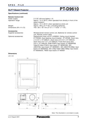 Page 33
PT-D9610DLP™-Based Projector S P E C     F I L E
Specifications (continued)
Remote Control Unit
Power supply: 
Operation range: 
Weight: 
Dimensions (W x H x D):
Accessories
Supplied accessories: 
Optional accessories:3 V DC (AA-size battery x 4)
Approx. 12 m (39´5˝) when operated from directly in front of the
signal receptor)
Approx. 15 m (49´3˝) when operated as wired unit
Approx. 350 g (0.77 lbs.) (including batteries)
140 x 36 x 181 mm (5-1/2˝ x 1-13/32˝ x 7-1/8˝)
Wireless/wired remote control...
