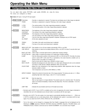 Page 34Operating the Main Menu
Configuration the Main Menu (AV Input) For computer inputs, see the following page.
You can adjust video quality (PICTURE), audio quality (SOUND), etc. using the menus.
The menus are configured as follows:
Main menu (AV inputs : During AV IN input signal)
PIXEL CLOCK TRACKING
PHASE
POSITIONV. POS.
The vertical position of the video image being projected is adjusted.
H. POS.The horizontal position of the video image being projected is adjusted.
PICTUREBRIGHTNESS
CONTRAST
SHARPNESS...