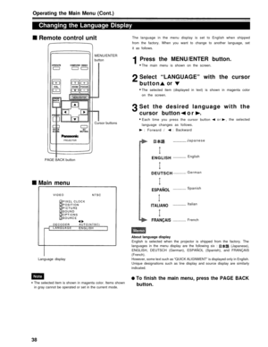 Page 38Operating the Main Menu (Cont.)
Changing the Language DisplayRemote control unit
The language in the menu display is set to English when shipped
from the factory. When you want to change to another language, set it as follows.
Japanese
Main menu
Cursor buttons
PAGE BACK button MENU/ENTER
buttonPress the MENU/ENTER button.
The main menu is shown on the screen.
Select “LANGUAGE” with the cursor
button 
or
The selected item (displayed in text) is shown in magenta color
on the screen.
Set the desired...