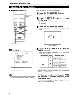 Page 40Operating the Main Menu (Cont.)
Adjusting the Screen PositionRemote control unit
Adjust the position of the screen if it is displaced.
MENU/ENTER
button
Press the MENU/ENTER button.
The main menu appears on the screen.
Select “POSITION” with the cursorbutton 
or .
The selected item (displayed in text) is shown in magenta color
on the screen.
Press the MENU/ENTER button.
The submenu items of the POSITION menu appear on the
screen.
Cursor buttons
PAGE BACK button
(POSITION menu)
Main menu
Adjust “H. POS.”...