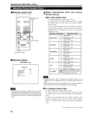 Page 42Operating the Main Menu (Cont.)
Adjusting Picture Quality (Cont.)
Remote control unit
MENU/ENTER
button
Cursor buttons
PAGE BACK button
Submenu items
[PICTURE menu]
The selected item is shown in magenta color. Items shown in gray color cannot be operated or set in the current mode.
Adjustment items (on the PICTURE menu) are different whenAV signals are input and when computer-related signals are
input.
Make adjustment with the cursor
button  or .
For video system input
To adjust multiple items, repeat...