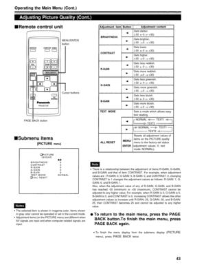 Page 43Operating the Main Menu (Cont.)
Adjusting Picture Quality (Cont.)
Remote control unit
MENU/ENTER
button
Cursor buttons
PAGE BACK button
Submenu items
[PICTURE menu]
Adjustment item Button Adjustment content
BRIGHTNESS
CONTRAST
R-GAIN
G-GAIN
B-GAIN
TEXT MODE
ALL RESET
Gets darker.
(-30 0 +30)
Gets brighter.(-30 0 +30)
Gets lower.
(-30 0 +30)
Gets higher.
(-30 0 +30)
Gets less reddish.
(-30 0 +30)
Gets more reddish. (-30 0 +30)
Gets less greenish. (-30 0 +30)
Gets more greenish. (-30 0 +30)
Gets less...