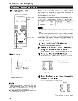 Page 48Operating the Main Menu (Cont.)
Changing (Setting) the Source
Remote control unit
MENU/ENTER
button
Normally, use the source setting in AUTO. If use in AUTO is unstable
such as color not appearing, the screen image is disturbed or
intermitted, then set to the dedicated source (forced mode) in
accordance with the input signal.
When shipped from the factory, the source settings are as follows:
Input mode Factory setting
Input modeFactory setting
VIDEO NTSC COMPUTER 1 AUTO
Y/C NTSC
COMPUTER 2AUTO
Y, P...