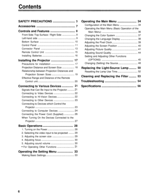 Page 6Contents
SAFETY PRECAUTIONS3
Accessories7
Controls and Features
8
Front Side /Top Surface / Right Side8
Left-hand side9
Bottom Surface10
Control Panel11
Connector Panel13
Remote Control Unit15
Installing Batteries16
Installing the Projector17
Precautions for installation17
Projection Distance and Screen Size18
Relationship between Projection Distances and
Projection Screen Sizes19
Effective Range and Distance of the Remote
Control unit20
Connecting to Various Devices21
Signals that Can Be Input to the...