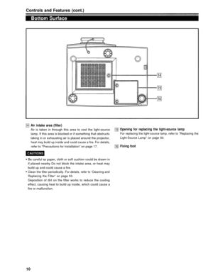 Page 10Controls and Features (cont.)
Bottom Surface
Air intake area (filter)
Air is taken in through this area to cool the light-sourcelamp. If this area is blocked or if something that obstructs
taking in or exhausting air is placed around the projector,
heat may build up inside and could cause a fire. For details,
refer to “Precautions for Installation” on page 17.
Opening for replacing the light-source lamp
For replacing the light-source lamp, refer to “Replacing the
Light-Source Lamp” on page 50.
Fixing...