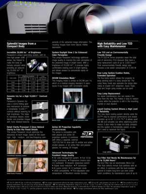 Page 2Splendid Images from a  
Compact Body
Incredible  20,000  lm*1 of Brightness
Panasonic’s unique quad-lamp system, with its 
new high-power UHM 
lamps, has helped to 
make the body ex
tremely compact while 
providing an astound-
ing 20,000 lm*1 of 
brightness.  
Dynamic  Iris  for  a  High  10,000:1*3  Contrast 
Ratio
Panasonic’s Dynamic Iris 
uses a scene-linking aper-
ture mechanism to achieve 
a remarkable 10,000:1*3 
contrast without lowering its 
high brightness. This helps 
to reproduce deeper,...