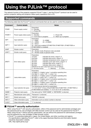 Page 103ENGLISH – 103
Special Features
 
Using the PJLink™ protocol
The network function of the projector supports PJLink™ class 1, and the PJLink™ protocol can be used to 
perform projector setting and projector status query operations from a PC.
Supported commands
The following table lists the PJLink™ protocol commands that can be used to control the projector.
Command Control details Notes
POWR Power supply controlParameters
0 = Standby
1 = Power ON
POWR ? Power supply status queryParameters
0 = Standby  1 =...
