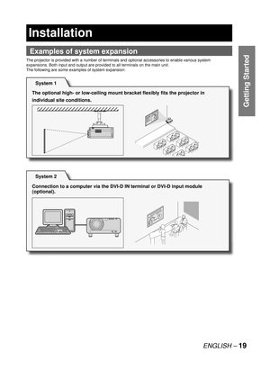 Page 19ENGLISH – 19
Getting Started
Examples of system expansion
The projector is provided with a number of terminals and optional accessories to enable various system 
expansions. Both input and output are provided to all terminals on the main unit.
The following are some examples of system expansion:
Installation
System 1
The optional high- or low-ceiling mount bracket flexibly fits the projector in 
individual site conditions.
System 2
Connection to a computer via the DVI-D IN terminal or DVI-D input module...