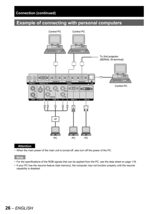 Page 2626 – ENGLISH
Example of  connecting with personal computers
Attention
When the main power of the main unit is turned off, also turn off the power of the PC.
Note
For the specifications of the RGB signals that can be applied from the PC, see the data sheet on page 118.
If your PC has the resume feature (last memory), the computer may not function properly until the resume 
capability is disabled. •
•
•
IN OUTRS-232C IN RS-422 IN
RS-422 OUTSERIAL REMOTE 1 REMOTE 2 IN
OUTIN
SYNC/HD VDB/P
BG/Y R/PR
S-VIDEO...