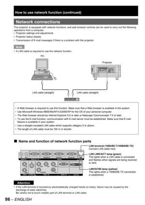 Page 8686 – ENGLISH
 
Network connections
The projector is equipped with network functions, and web browser controls can be used to carry out the following 
operations from a computer.
Projector settings and adjustments
Projector status display
Transmission of E-mail messages if there is a problem with the projector
Note
A LAN cable is required to use the network function.
Name and function of network function parts
Attention
If the LAN terminal is touched by electrostatically charged hands (or body), failure...