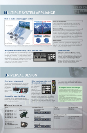 Page 5Lamp
MULTIPLE SYSTEM APPLIANCE
UNIVERSAL DESIGN
Easy lamp replacementOther features
You can remove the back cover by removing a 
single screw. This makes it easy to replace a 
lamp, even if the projector is suspended from 
the ceiling or 
tucked in a 
hard-to-reach 
space.
Grooved for easy handling
Optional accessories
Grooves on all four sides of the projector's 
bottom let you get a firm, comfortable grip on 
the unit and move it safely.
Built-in multi-screen support system
The PT-DW10000E can...