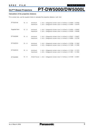 Page 6
6
PTDW5000/DW5000LDLP ™Based Projectors
S
PEC FIL E
As of March 2006
TENTATIVE
Calculation of the projection distance:
For a screen size, use the equation below to calculate the projection di\
stance. (unit: mm)
ETDLE100
Supplied lens
ETDLE200
ETDLE310
ETDLE410
ETDLE050 15 : 9
minimum L(m) = (diagonal screen size in inches) x 0.0300  0.0452
maximum L(m) = (diagonal screen size in inches) x 0.0404  0.0478
15 : 9 minimum L(m) = (diagonal screen size in inches) x 0.0402  0.0650
maximum L(m) = (diagonal...