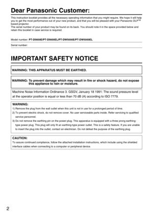 Page 22
Dear Panasonic Customer:
This instruction booklet provides all the necessary operating information that you might require. We hope it will help
you to get the most performance out of your new product, and that you will be pleased with your Panasonic DLPTM
based projector.
The serial number of your product may be found on its back. You should note it in the space provided below and
retain this booklet in case service is required.
Model number: PT-D5600E/PT-D5600EL/PT-DW5000E/PT-DW5000EL
Serial number:...