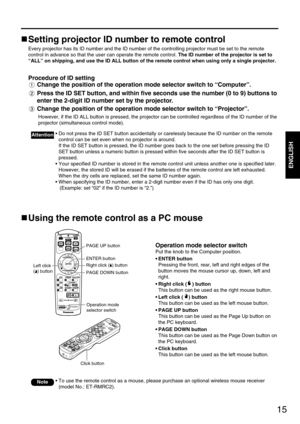 Page 1515
ENGLISH
Using the remote control as a PC mouse
Operation mode selector switch
Put the knob to the Computer position.
•ENTER button
Pressing the front, rear, left and right edges of the
button moves the mouse cursor up, down, left and
right.
•Right click ( ) button
This button can be used as the right mouse button.
•Left click ( ) button
This button can be used as the left mouse button.
•PAGE UP button
This button can be used as the Page Up button on
the PC keyboard.
•PAGE DOWN button
This button can...