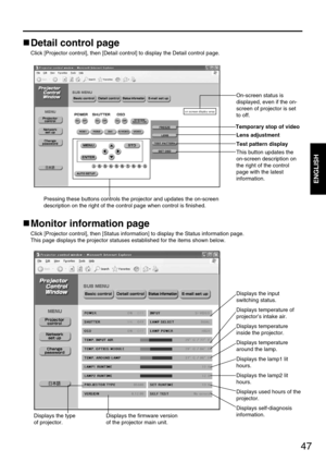 Page 4747
ENGLISH
Monitor information page
Click [Projector control], then [Status information] to display the Status information page.
This page displays the projector statuses established for the items shown below.
Detail control page
Click [Projector control], then [Detail control] to display the Detail control page.
Temporary stop of video
Lens adjustment
Test pattern display
This button updates the
on-screen description on
the right of the control
page with the latest
information.
Pressing these buttons...