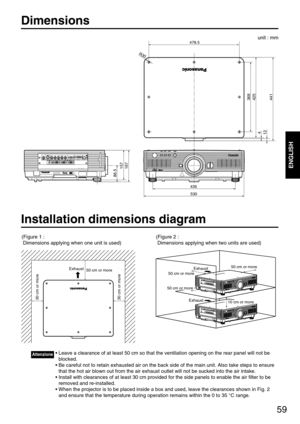 Page 5959
ENGLISH>PC<      TBMU448
RGB 2 IN VDSYNC/HDB/PBG/YRR/P
SERIALREMOTE 1
REMOTE 2INOUTLANDVI-D INRGB 1 INVIDEO INS-VIDEO  ININ OUT
86.5
167157
530
436
368425441
4
12
R30
478.5
Dimensions
unit : mm
 
50 cm or more Exhaust
30 cm or more 30 cm or more
Installation dimensions diagram
• Leave a clearance of at least 50 cm so that the ventilation opening on the rear panel will not be
blocked.
• Be careful not to retain exhausted air on the back side of the main unit. Also take steps to ensure
that the hot air...