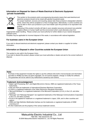 Page 60Information on Disposal for Users of Waste Electrical & Electronic Equipment
(private households)
This symbol on the products and/or accompanying documents means that used electrical and
electronic products should not be mixed with general household waste.
For proper treatment, recovery and recycling, please take these products to designated collection
points, where they will be accepted on a free of charge basis. Alternatively, in some countries you
may be able to return your products to your local...