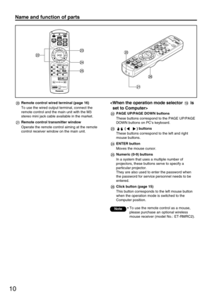 Page 1010
Name and function of parts 

PAGE UP/PAGE DOWN buttons
These buttons correspond to the PAGE UP/PAGE
DOWN buttons on PC’s keyboard.
( ) buttons
These buttons correspond to the left and right
mouse buttons.
ENTER button
Moves the mouse cursor.
Numeric (0-9) buttons
In a system that uses a multiple number of
projectors, these buttons serve to specify a
particular projector.
They are also used to enter the password when
the password for service personnel needs to be
entered.
Click button (page 15)
This...