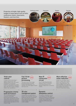 Page 3Projection of bright, high-quality 
images in large spaces such as halls, 
conference rooms, classrooms, 
theaters, and churches.Conference rooms Classrooms ChurchesTheaters
More effective 
noise reduction
Dynamic 
sharpness controlVivid color 
control
Progressive cinema 
scan 
(3/2 Pulldown)
A unique control technology is 
used to maximize the color 
segment areas of the color wheel. 
Compared to conventional 
projectors, the brightness of each 
color is increased by an average of 
about 15%. This...