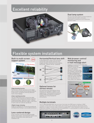 Page 4Excellent reliability
Flexible system installation
Dual lamp system
The use of two lamp system increases brightness 
and eliminates the need to interrupt a 
presentation if a lamp burns out (in dual lamp 
operation mode).
NEWWeb browser control/
monitoring and 
e-mail message alert
•Color matching functionThe Color Matching function corrects the subtle 
variations in color reproduction between projectors. 
Originally developed ''adjustment assist'' software 
quickly and precisely...