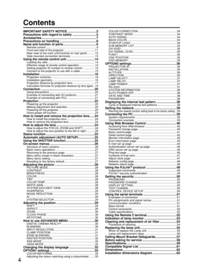 Page 44
Contents
IMPORTANT SAFETY NOTICE ..................................2
Precautions with regard to safety ............................5
Accessories ................................................................7
Precautions on handling ...........................................8
Name and function of parts.......................................9
Remote control ..................................................................9
Front and side of the projector ........................................11...