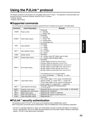 Page 4949
ENGLISH
Using the PJLink™protocol
The network functions of the projector are compatible with PJLink™Class 1. The operations mentioned below can
be performed from a personal computer using the PJLink™protocol.
• Projector settings
• Projector status inquiry
Supported commands
The commands for controlling the projector using the PJLink™protocol are as given in the table below.
PJLink™security authentication
The password used for PJLink™is the same as the password set for WebBrowser control. 
When using...