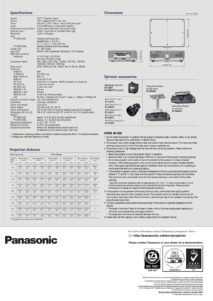 Page 6Dimensionsunit: mm [inch]Specifications
System
Device
Pixels
Lamp
Brightness (normal lamp)*
1Contrast ratio*1Resolution  
Lens
    PT-DW5100E
    PT-DW5100EL
Screen size
Lens shift
RGB input scanning
    frequency
Component signal
Video signal
Terminals  
    VIDEO IN
    S-VIDEO IN
    RGB1/YP
BPR IN
    RGB2 IN
    DVI-D IN
    RS-232C IN
    RS-232C OUT
    REMOTE 1 IN
    REMOTE 1 OUT
    REMOTE 2 IN
    LAN 
Keystone correction range
Installation 
Power cord length
Power supply
Power consumption...