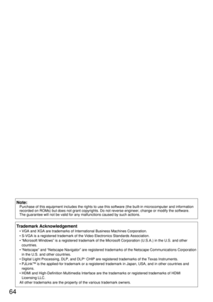 Page 6464
Note:
Purchase of this equipment includes the rights to use this software (the built-in microcomputer and information
recorded on ROMs) but does not grant copyrights. Do not reverse engineer, change or modify the software.
The guarantee will not be valid for any malfunctions caused by such actions.
Trademark Acknowledgement
• VGA and XGA are trademarks of International Business Machines Corporation.
• S-VGA is a registered trademark of the Video Electronics Standards Association.
• “Microsoft Windows”...