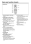 Page 99
Name and function of parts 
Remote control operation indicator lamp
The lamp flashes when any remote control button
is pressed.
POWER STANDBY ( ) button (page 25)
Switched the power to the “standby” mode if the
MAIN POWER has been put to the “l” position.
POWER ON ( I ) button (page 24)
Turns on the power if the MAIN POWER has been
put to the “l” position.
Input selector (RGB1, RGB2, DVI-D, VIDEO, 
S-VIDEO) button
Use to toggle through the RGB1, RGB2, DVI-D,
VIDEO and S-VIDEO input ports.
MENU button...