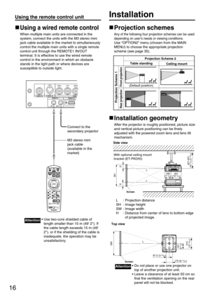 Page 1616
Using a wired remote control
When multiple main units are connected in the
system, connect the units with the M3 stereo mini
jack cable available in the market to simultaneously
control the multiple main units with a single remote
control unit through the REMOTE1 IN/OUT
terminal. It is effective to use the wired remote
control in the environment in which an obstacle
stands in the light path or where devices are
susceptible to outside light.
SB/PBG/YRR/P
REMOTE 1
REMOTE 2RGB 1 INVIDEO INS-VIDEO  IN
IN...