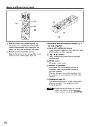 Page 1010
Name and function of parts 

PAGE UP/PAGE DOWN buttons
These buttons correspond to the PAGE UP/PAGE
DOWN buttons on PC’s keyboard.
( ) buttons
These buttons correspond to the left and right
mouse buttons.
ENTER button
Moves the mouse cursor.
Numeric (0-9) buttons
In a system that uses a multiple number of
projectors, these buttons serve to specify a
particular projector.
They are also used to enter the password when
the password for service personnel needs to be
entered.
Click button (page 15)
This...