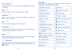 Page 111920 
Status icons For dual SIM model, status icons referring to either SIM1 or SIM2 will be identified by a colour which you have defined.
GPRS connectedRoaming
GPRS in useNo SIM card inserted
EDGE connectedVibrate mode
EDGE in useRinger is silenced
3G connectedPhone microphone is mute
3G in useBattery is very low
HSPA (3G+) connectedBattery is low
HSPA (3G+) in useBattery is partially drained
Connected to a Wi-Fi networkBattery is full
Bluetooth is on (Gray)Battery is charging
Connected to a Bluetooth...
