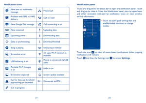 Page 122122 
Notification panel 
Touch and drag down the Status bar to open the notification panel. Touch  and drag up to close it. From the Notification panel, you can open items and other reminders indicated by notification icons or view wireless service information. 
Touch to open quick settings bar and enable/disable functions or change modes. 
Touch the icon  to clear all event–based notifications (other ongoing  notifications will remain). 
Touch  and then the Settings icon  to access  Settings....