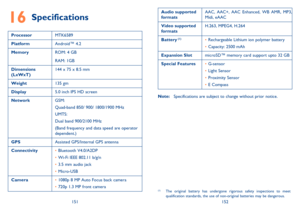 Page 77151152
Specifications16 
ProcessorMTK6589 
Platform Android™ 4.2 
Memory ROM: 4 GB 
RAM: 1GB 
Dimensions  (LxWxT) 144 x 75 x 8.5 mm 
Weight 135 gm 
Display 5.0 inch IPS HD screen 
Network GSM: 
Quad-band 850/ 900/ 1800/1900 MHz 
UMTS:
Dual band 900/2100 MHz 
(Band frequency and data speed are operator  dependent.) 
GPS Assisted GPS/Internal GPS antenna 
Connectivity Bluetooth V4.0/A2DP•  
Wi-Fi IEEE 802.11 b/g/n •  
3.5 mm audio jack •  
Micro-USB •  
Camera 1080p 8 MP Auto Focus back camera•  
720p 1.3...