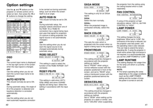 Page 2141
Advanced OperationAdvanced Operation
40Use the Fand Gbuttons on the
projector or remote control unit to
select an item, then press the Ior
Hbuttons to change the setting.OSDON
The current input name is displayed
in the top-right corner of the screen
when the input signal is changed.
OFF
Use this setting when you do not
want the current input name to be
displayed.AUTO KEYSTNThis should normally be set to ON.
ON
During automatic setup, the angle of
tilt of the projector is detected and
keystone...