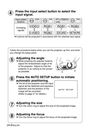 Page 2424-ENGLISH
Press the input select button to select the
input signal.
BA picture will be projected in accordance with the selected input signal.
Follow the procedure below when you set the projector up first, and when
you change the setup place.
Press the AUTO SETUP button to initiate
automatic positioning.
BThe tilt of the projector and the input
signal will be detected and keystone
distortion and the position of the
image will be corrected.
(Refer to page 27 for details.)
Adjusting the size
BTurn the...