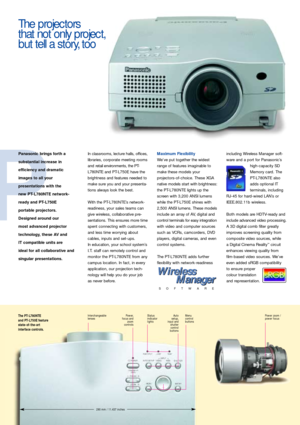 Page 2The projectors 
that not only project, 
but tell a story, too
Interchangeable
lensesPower,
focus and
zoom 
controlsMenu
control
buttonsStatus
indicator
lightsAuto 
setup,
input and
shutter 
control 
buttonsThe PT-L780NTE 
and PT-L750E feature 
state-of-the-art 
interface controls.Power zoom /
power focus
290 mm / 11.437 inches
P
Panasonic brings forth a 
substantial increase in 
efﬁciency and dramatic
images to all your 
presentations with the 
new PT-L780NTE network-
ready and PT-L750E 
portable...