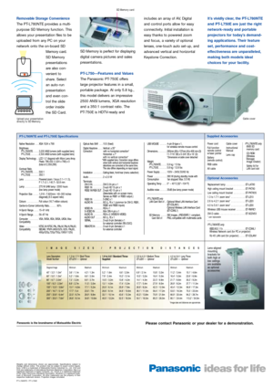 Page 4Power cord
Full-function
remote control
w/laser pointer
Battery 
(remote control)
RGB cable
AV cableCable cover
Instructional
Manual 
Lens capPT-L780NTE only
8MB SD 
memory card
CD-ROM 
(Wireless 
Manager,
Image Creator)
Safety lid for 
LAN card slot
Replacement lamp . . . . . . . . . . . . . . . ET-LA780
High ceiling mount bracket  . . . . . . . . . ET-PK780
Low ceiling mount bracket  . . . . . . . . . ET-PK780S
1.3 to 1.7:1 zoom lens*  . . . . . . . . . . . ET-LE10
2.6 to 4.2:1 zoom lens*  . . . . . ....