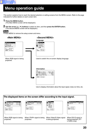Page 2020
The displayed items on the screen differ according to the input signal.
 
       
 
s
 
o h
h
i
l
n s
c
a
o
a i
s
ç
ñ
i l
t
n
a
l g
u
a
p
a n
e
r
s
t E
D
F
E
I
t
e c
p e
a l
c e
s S
E :
:    
U  
N  
E  
M
8
z
z
h 6
H
H
0 7
K
5
1  
9
8 x
.
  4
8 2
6 0 1  
 
 
e  
y
y
m s
c
c
i t
n
n
t o
e
e
n D
u
u
u  
q
q
R f
e
e o
r
r
p .
F
F
m o
 
 
a N
H
V
L
e p a c s E : U N E M
Used to switch the on-screen display language.
Use to display information about the input signal, lamp run time, etc. When RGB signal is...