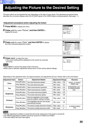 Page 3030
Max. value + 30
Min. value - 30
Max. value + 30
Min. value - 30
Max. value + 30
Min. value - 30
Max. value + 30
Min. value - 30
Max. value + 3
Min. value - 4
Adjusting the Picture to the Desired Setting
The items which can be adjusted will vary depending on the type of input signal. The adjustment procedure below
describes the on-screen displays when the S-VIDEO signal or the VIDEO signal is being projected. (See page 17.)
• The last adjustment condition is saved and will not be erased even if the...
