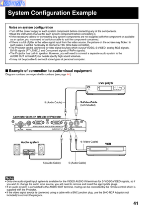 Page 4141
System Configuration Example
Notes on system configuration
• Turn off the power supply of each system component before connecting any\
 of the components. 
• Read the instruction manual for each system component before connecting \
it. 
• If the necessary cables for connecting any system components are not sup\
plied with the component or availableas an option, you may need to fashion a cable to suit the component conc\
erned.
• If there is a lot of jitter in the video signal input from the video sou\...