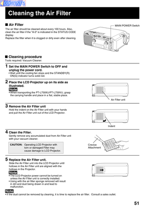 Page 5151
Cleaning the Air Filter
Air Filter
The air filter should be cleaned about every 100 hours. Also,
clean the air filter if the “A-0” is indicated in the STATUS CODE
display.
Replace the filter when it is clogged or dirty even after cleaning.
Cleaning procedure
Tools required: Vacuum Cleaner.
CAUTION:Operating LCD Projector with
torn or damaged Filter may
cause damage to LCD Projector.MAIN POWER Switch
• Wait until the cooling fan stops and the STANDBY(R)
ON(G) indicator turns solid red.
1Set the MAIN...