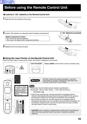 Page 1010
 Using the Laser Pointer on the Remote Control Unit
When the Laser beam is aimed at the screen, the Pointer is displayed on the screen.
Press LASER on the remote control to activate Laser.
DO NOT look into the Laser transmitter, or aim the
Laser beam at a person. Shining the Laser beam into
the eyes could result in eye damage.Warning
CAUTION: Use of controls or adjustments or performance of procedures
other than those specified herein may result in hazardous radiation
exposure. • This product has the...