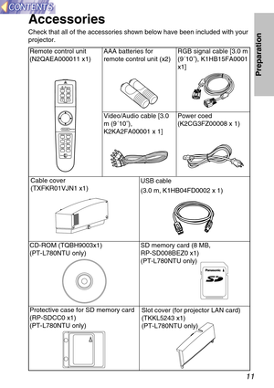 Page 1111
Preparation
Slot cover (for projector LAN card)
(TKKL5243 x1)
(PT-L780NTU only)
Remote control unit
(N2QAEA000011 x1)
Power coed
(K2CG3FZ00008 x 1) AAA batteries for
remote control unit (x2)RGB signal cable [3.0 m
(9´10˝), K1HB15FA0001
x1]
Video/Audio cable [3.0
m (9´10˝),
K2KA2FA00001 x 1]
Accessories
Check that all of the accessories shown below have been included with your
projector.
CD-ROM (TQBH9003x1)
(PT-L780NTU only)
Protective case for SD memory card
(RP-SDCC0 x1)
(PT-L780NTU only)
Cable...