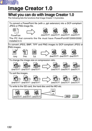 Page 130130
Image Creator 1.0
What you can do with Image Creator 1.0
The following lists the functions that Image Creator 1.0 provides.
To convert a PowerPoint file (with a .ppt extension) into a DCF-compliant
JPEG or PNG image file.
The PC that converts the file must have PowerPoint97/2000/2002
installed in it.
To convert JPEG, BMP, TIFF and PNG images to DCF-compliant JPEG or
PNG images.
XGASXGASVGAXGAXGAXGA
To change the image size or compression ratio.
BCAABC
To sort the images.
8MB
To write to the SD card,...