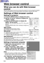 Page 116116
Web browser control
What you can do with Web browser
control
With the web browser, the user can access the projector for set-up using the projector
control and handle the SD card data loaded in the projector using the SD control.
Settings of Web browser control
Settings of projector
q q
Press the MENU button to display the menu.
w w
Use the  and  buttons to display the
Option screen.
e e
Press the ENTER button to display the
Option  set-up screen. 
Settings can be altered with  ,  ,  and 
buttons....