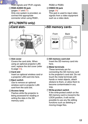 Page 19LOCK
)
(
19
Preparation
'%&
$
#

Front Back
# Slot cover
Covers the card slots. When
using an optional projector LAN
card, replace the slot cover (refer
to page  54).
$ Card slot
Insert an optional wireless card or
a projector LAN card into here.
% Eject switch
Use to remove an optional
wireless card or projector LAN
card from the card slot.
& Access lamp
Flashes while the projector is
being accessed for reading or
writing the data in the SD
memory card. '
SD memory card slot
Insert the SD memory...